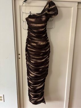 Elliatt One-Shoulder Ruched Brown & Beige Evening Dress